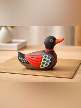 Korean Folk Art Hand Carved & Painted Wooden Wedding Duck